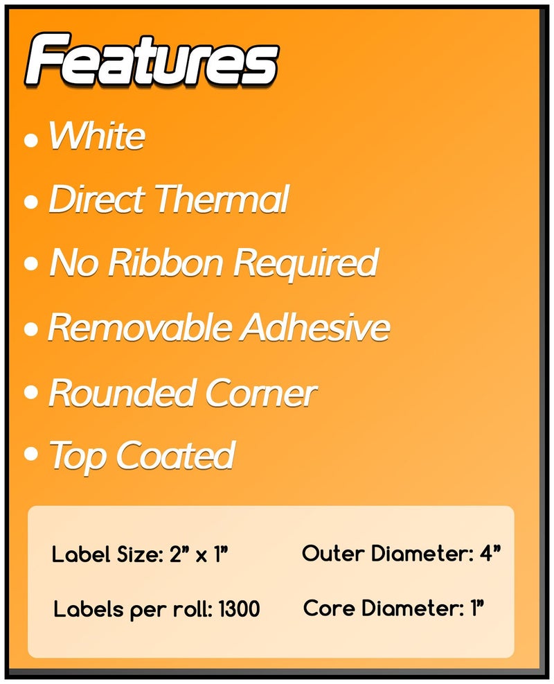 Sojitek 13000 Labels = 10 Rolls, 1300 Units/Roll â€“ 2" x 1" Removable Direct Thermal Labels - Compatible with Rollo & Zebra Desktop Printers and More â€“ 1â€ Core; Perforated, Water & Oil Resistant - Image 2